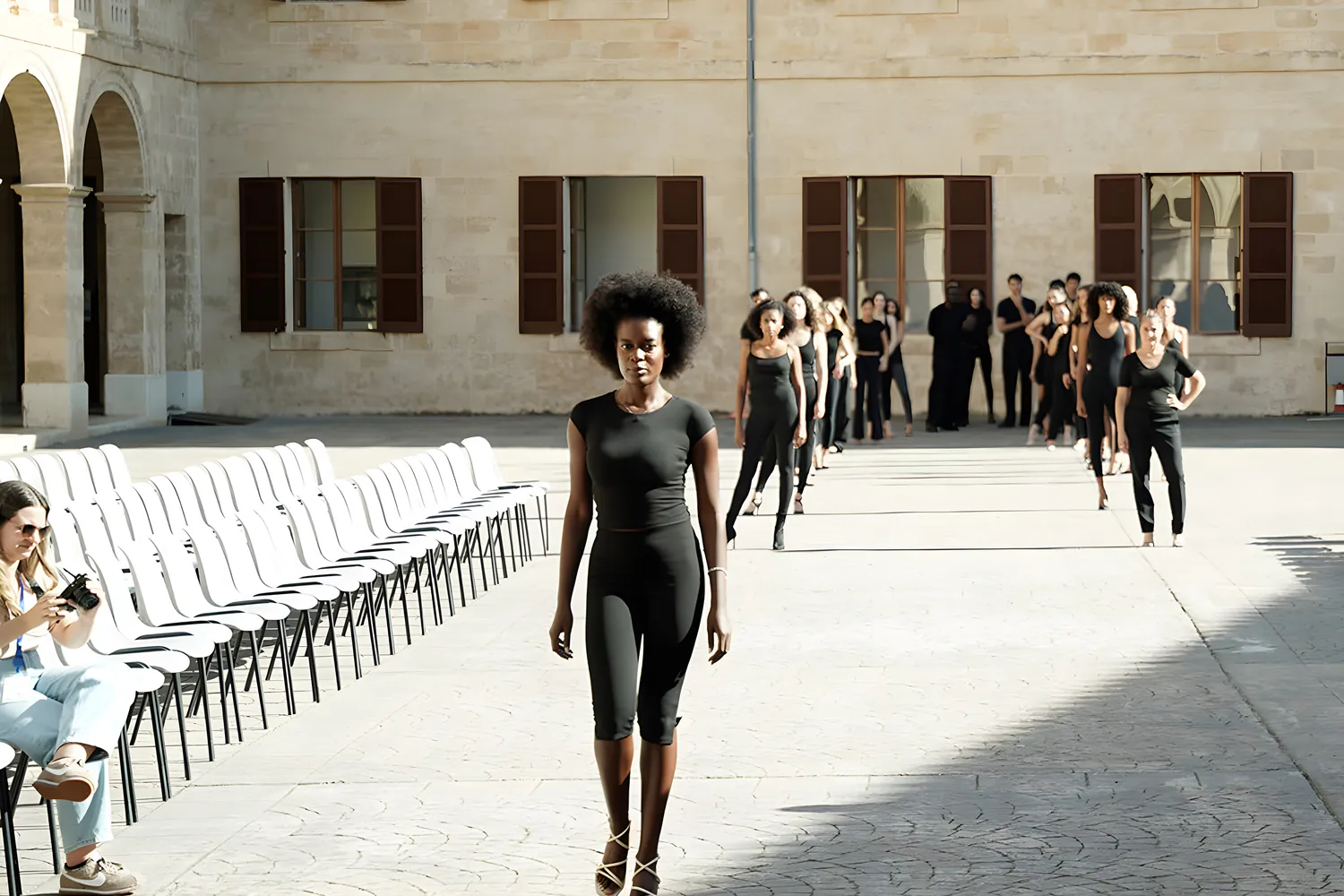 Una modelo camina por el patio de La Misericòrdia en el casting de 2025, con las sillas vacías a un lado