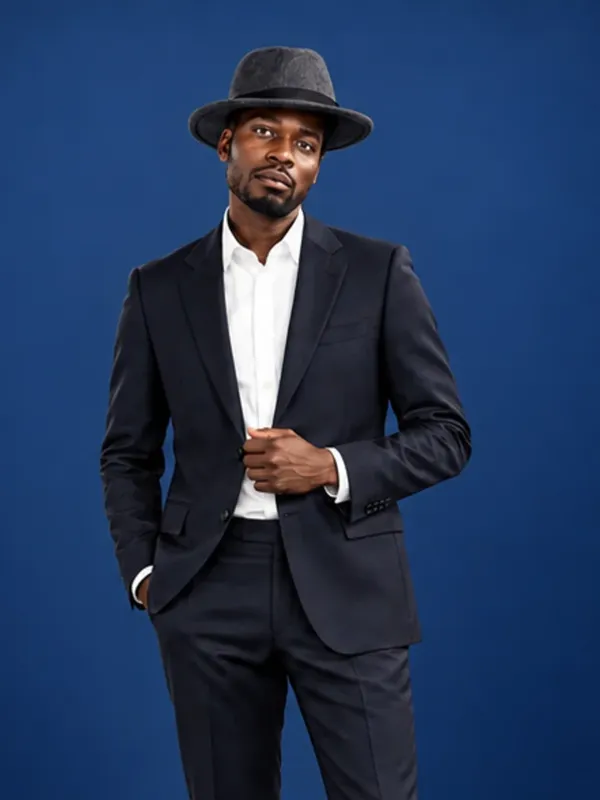 Sadio Konte in marineblauem Anzug und Filzhut vor blauem Studiohintergrund