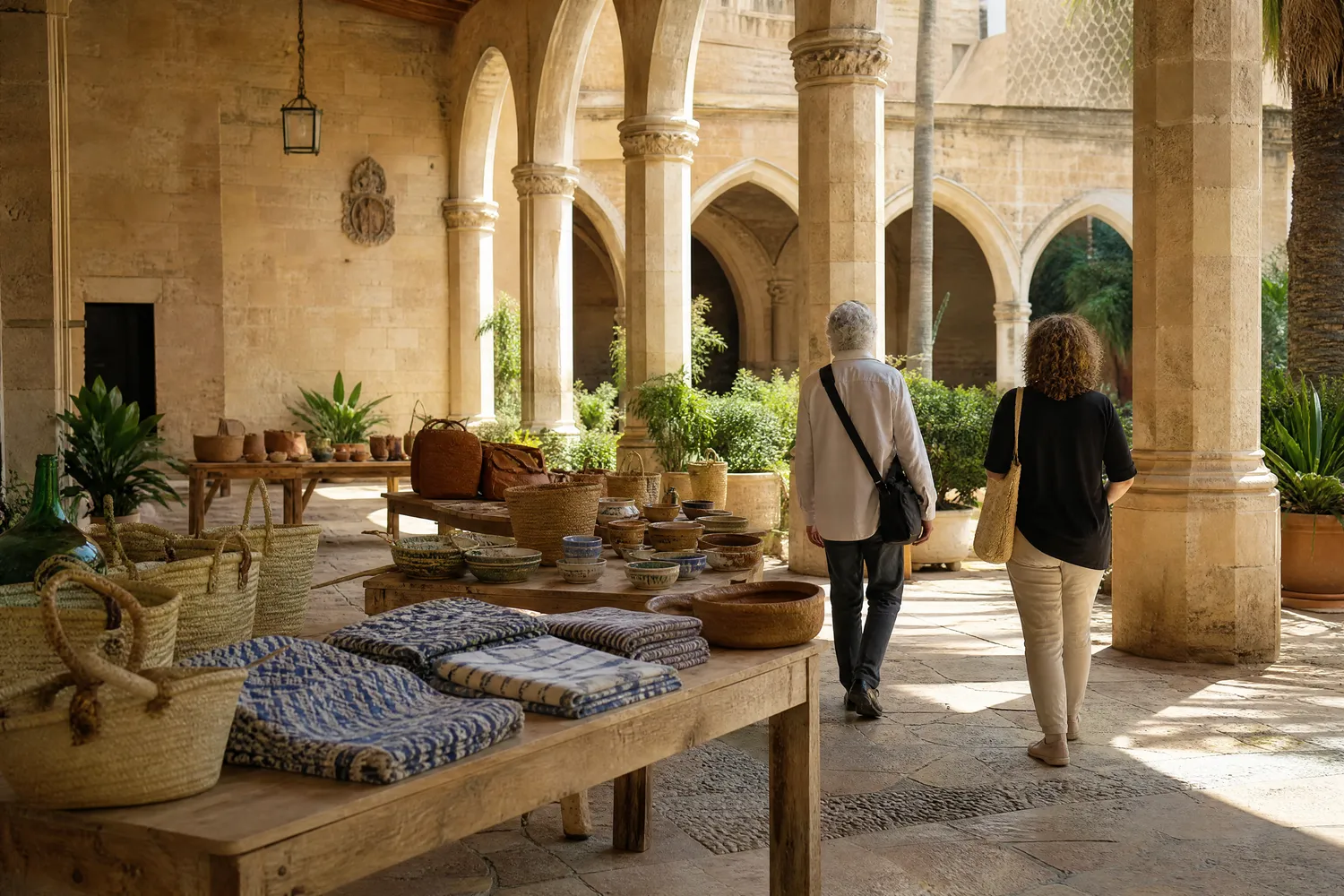 Un petit mercat de producte local sota els porxos de pedra d’un pati antic, amb taules de fusta, senalles de palma, ceràmica i teles, i dues persones d’esquena que miren